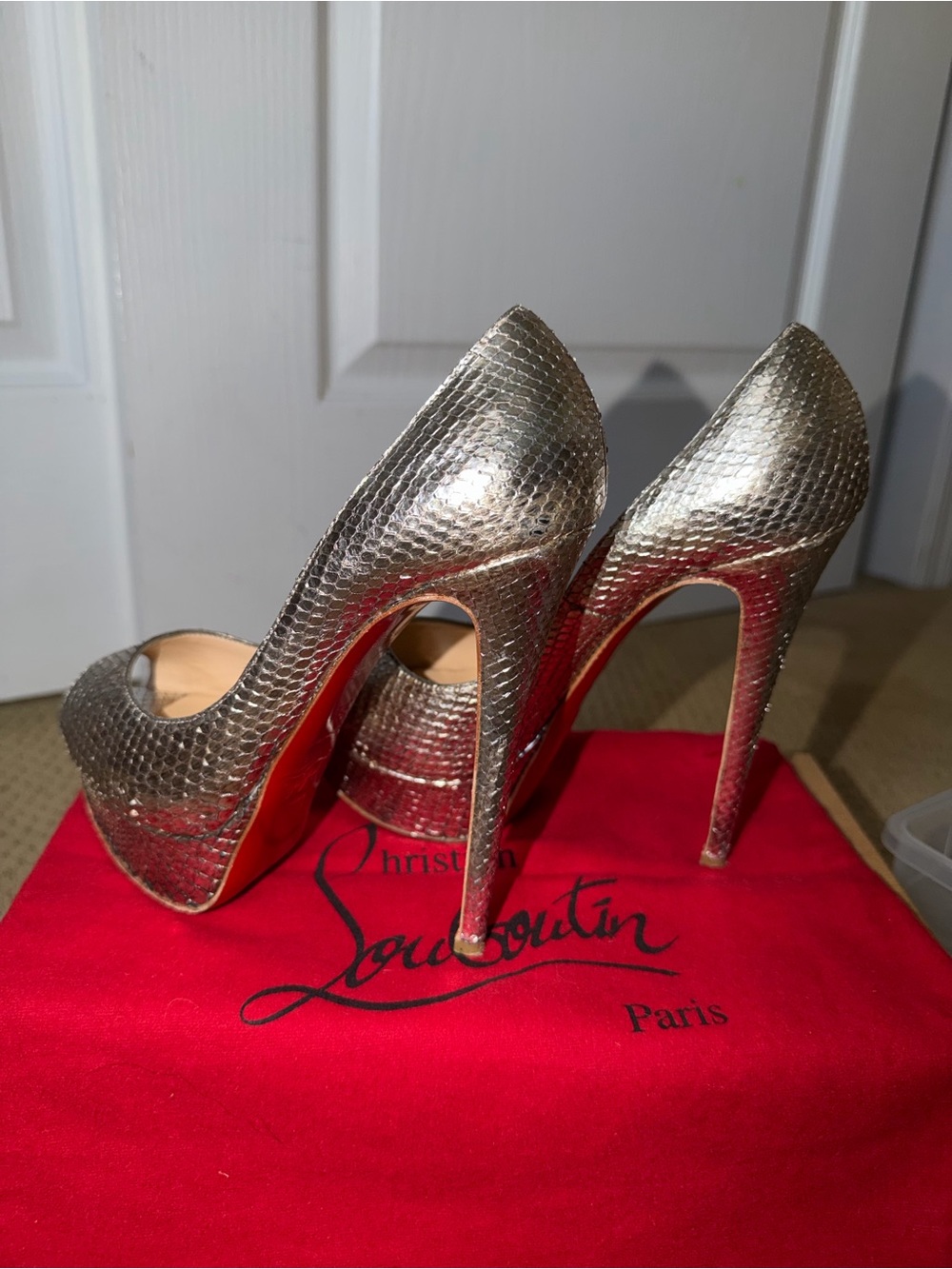Christian Louboutin Metallic Silver Lady Peep Toe Exotic Stiletto Pumps